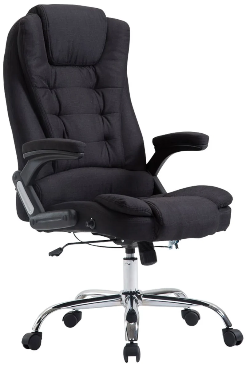 Fauteuil de bureau XXL sur roulettes confortablement rembourrés avec accoudoirs en tissu noir et métal chromé 10_0002667
