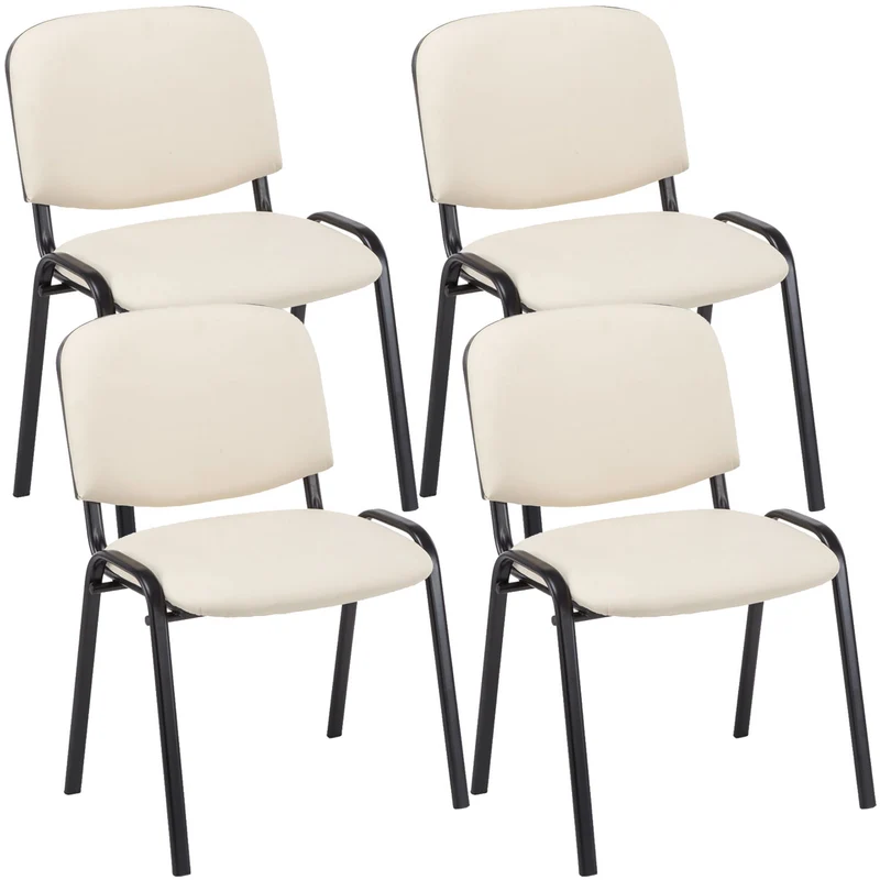Lot de 4 chaises visiteur empilable zone d'attente en PVC crème piètement à 4 pieds en métal noir 10_0003184
