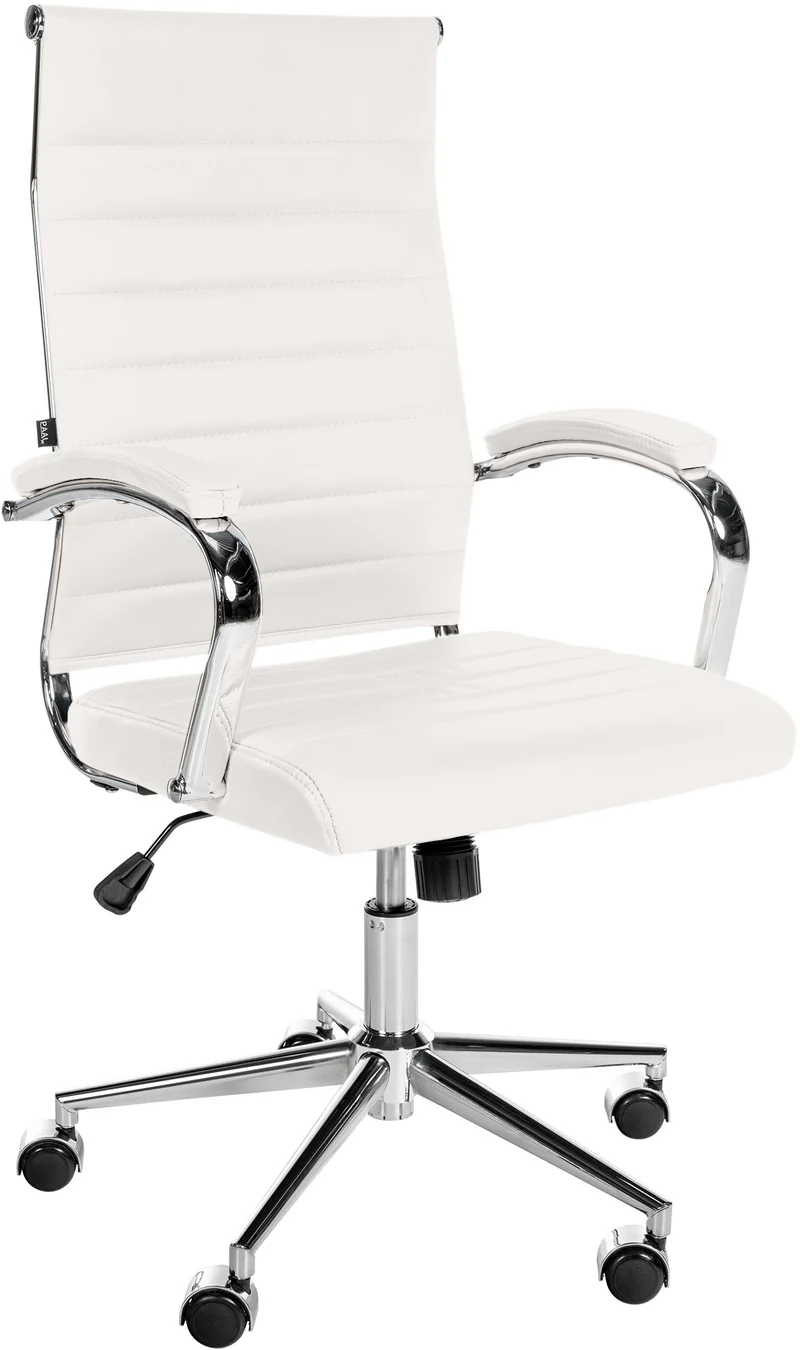 Fauteuil de bureau en cuir véritable blanc surpiqûre horizontale et pieds métal chromé 10_0002554