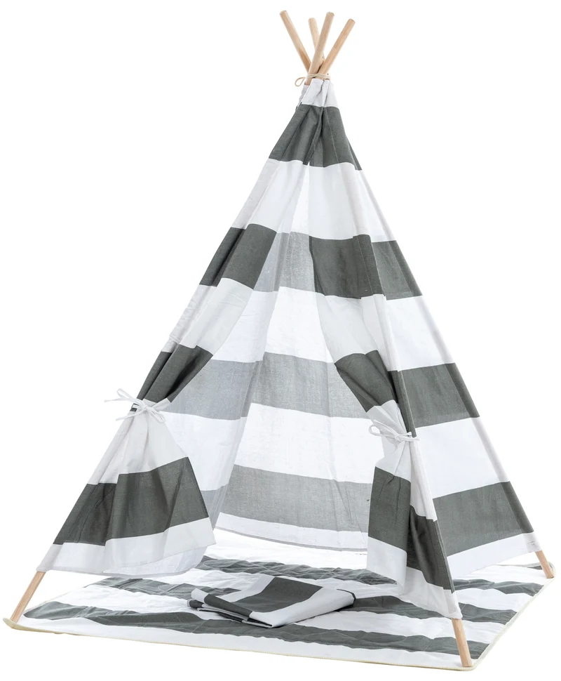 Tente tipi pour enfants avec poteaux en bois idéal chambre salle de jeux décoration gris rayé 10_0009006