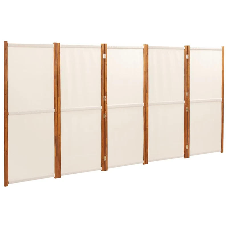 Paravent séparateur de pièce cloison 5 panneaux 350 x 180 cm textilène crème et bois DEC030966