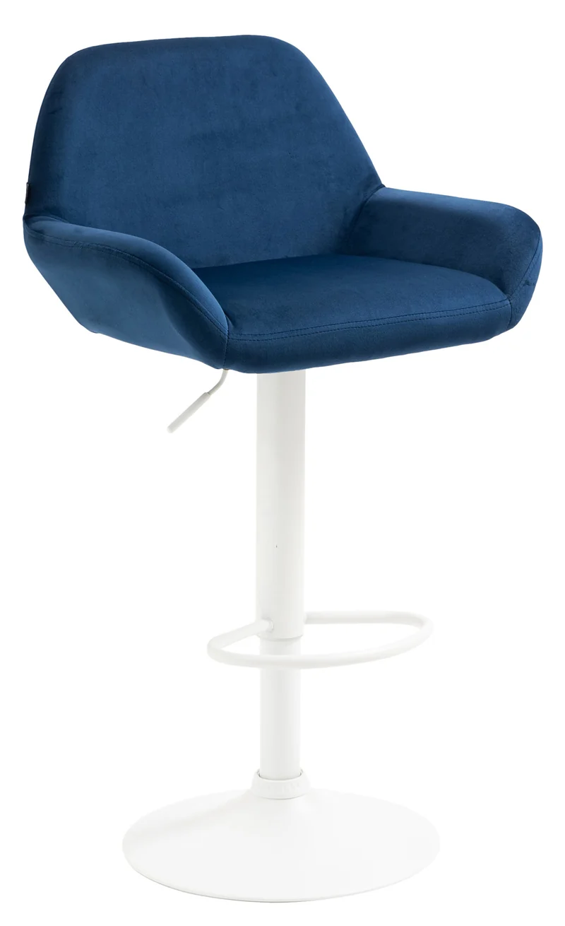 Tabouret de bar en velours rembourré bleu base trompette métal blanc mat TDB10412
