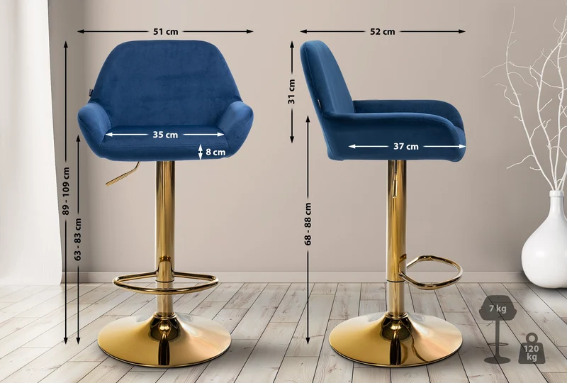 Tabouret de bar x1 avec repose-pieds et accoudoirs en velours bleu piètement en trompette métal doré 10_0006493