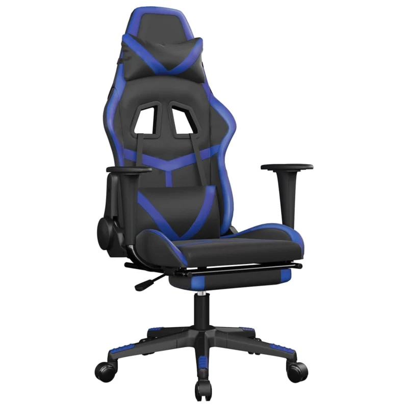 Fauteuil de bureau chaise gaming sur roulettes avec repose-pieds en PVC noir et bleu DEC025753
