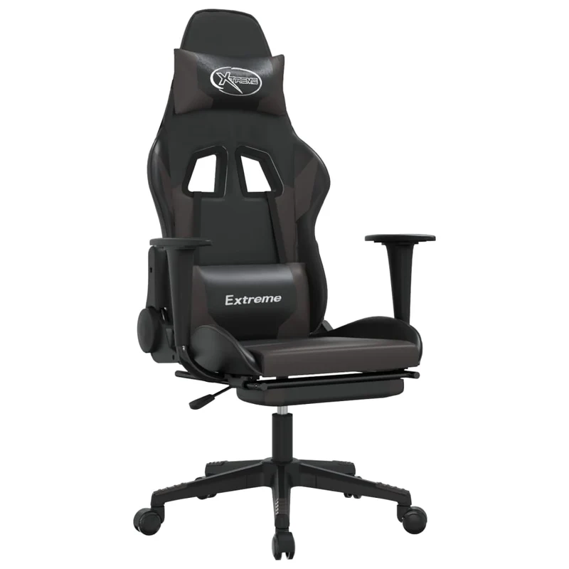 Fauteuil de bureau chaise gaming sur roulettes avec repose-pieds en PVC gris et noir DEC025779