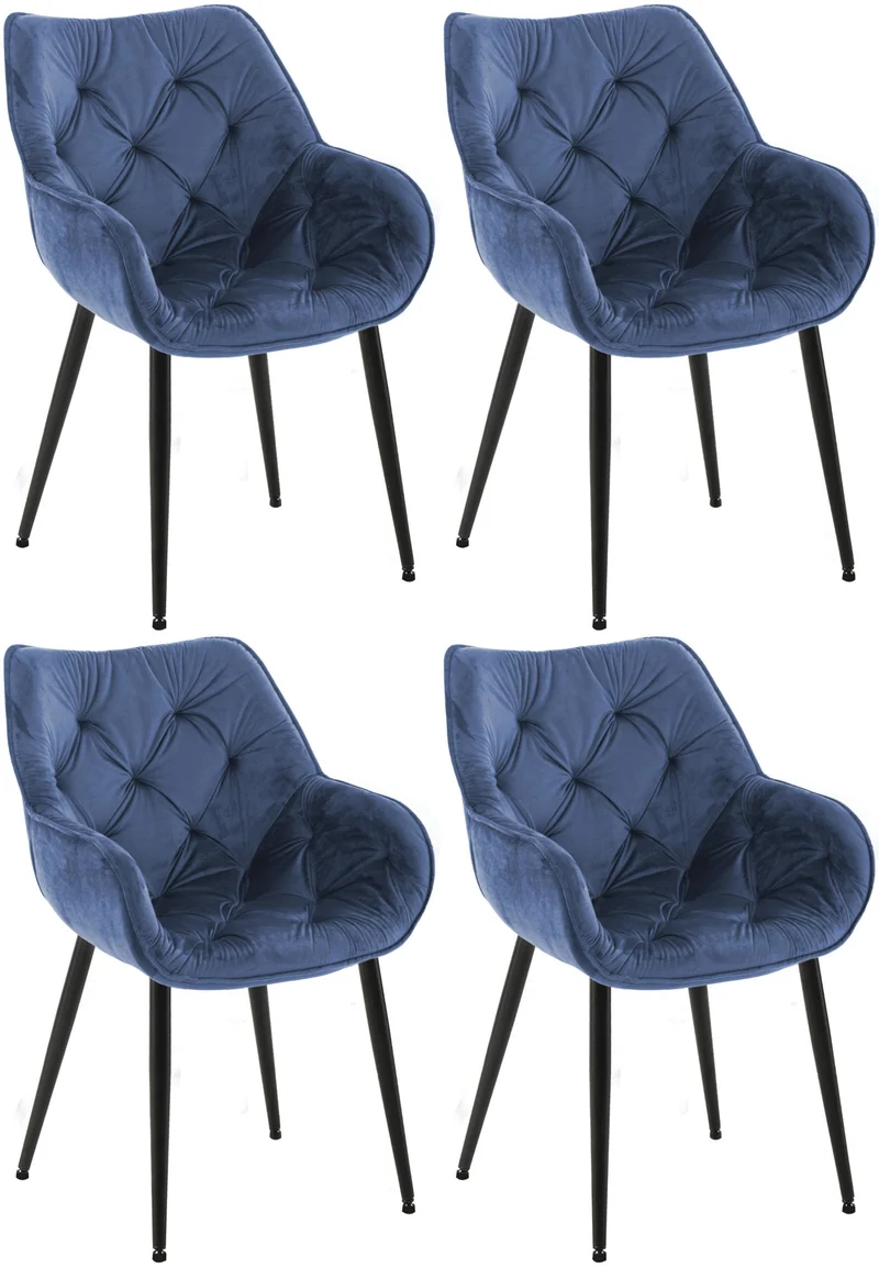 Lot de 4 chaises de salle à manger coutures décoratives en velours bleu et pieds en métal noir 10_0007568