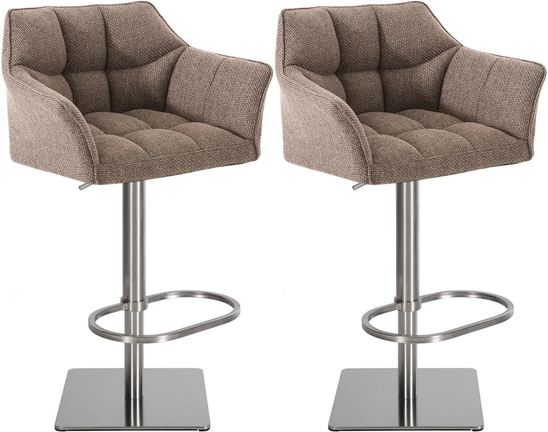 Tabouret de bar x1 réglable en tissu marron clair assise enveloppante capitonnée avec base carrée acier inoxydable 10_0006841