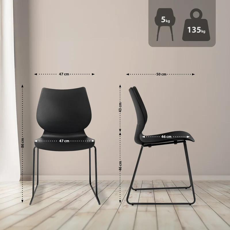 Lot de 2 chaises visiteur conférence bureau salle à manger empilable en plastique noir et métal noir 10_0007330