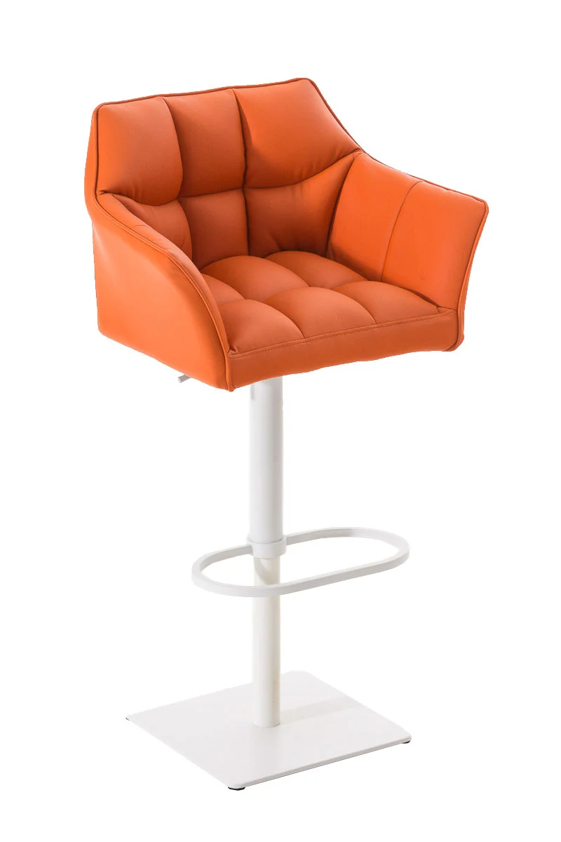 Tabouret de bar chaise haute de comptoir couture carrées assise en PVC orange cadre en métal blanc 10_0004739