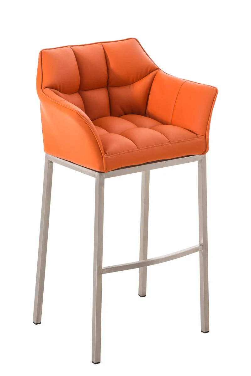 Tabouret de bar chaise haute de comptoir couture carrées assise en PVC orange 4 pieds stables en acier inoxydable 10_0004712