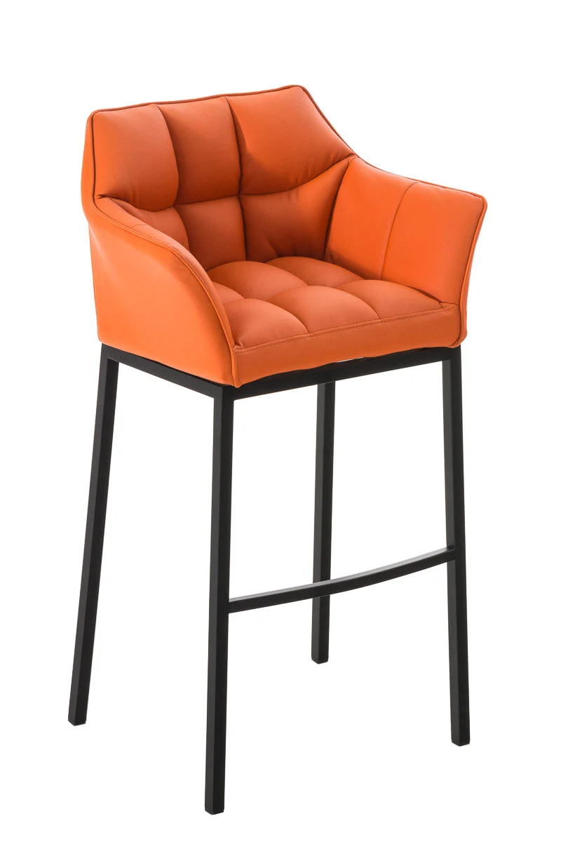 Tabouret de bar chaise haute de comptoir couture carrées assise en PVC orange 4 pieds stables en métal noir 10_0004688