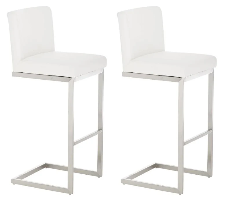 Lot de 2 tabourets de bar design moderne support en acier inoxydable assise en PVC blanc 10_0004385
