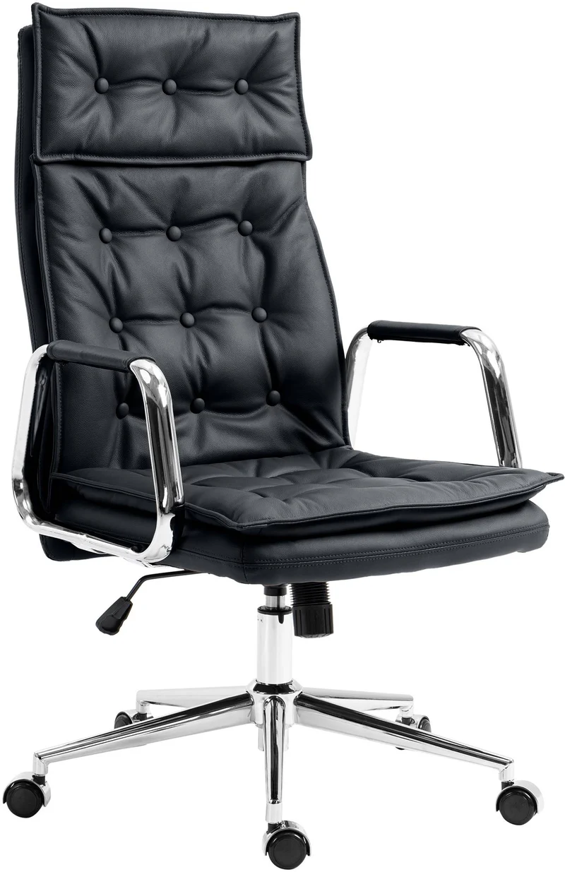Fauteuil de bureau capitonné rembourrage épais en véritable cuir noir et pieds métal chromé 10_0007105