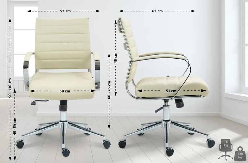 Chaise de bureau sur roulettes design ergonomique en tissu crème et métal chromé 10_0007080