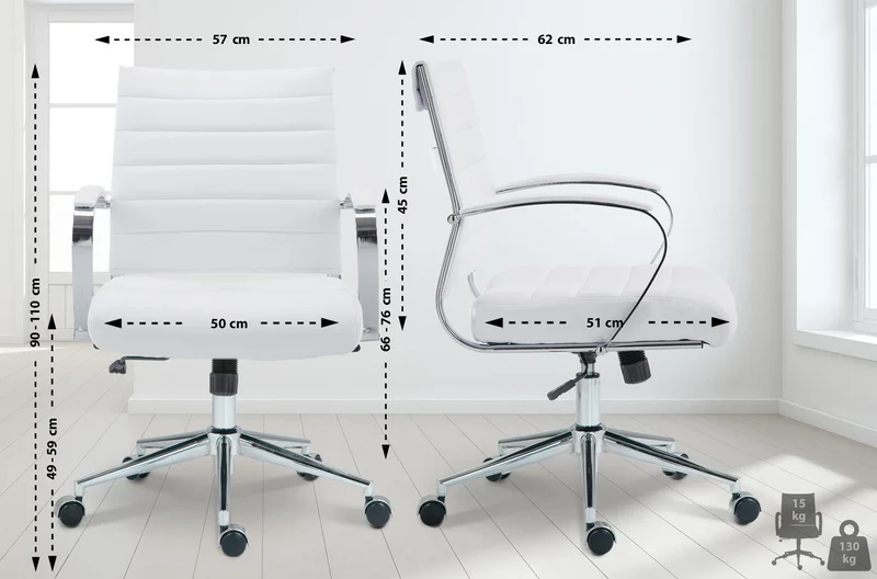 Chaise de bureau sur roulettes design ergonomique en similicuir blanc et métal chromé 10_0006997