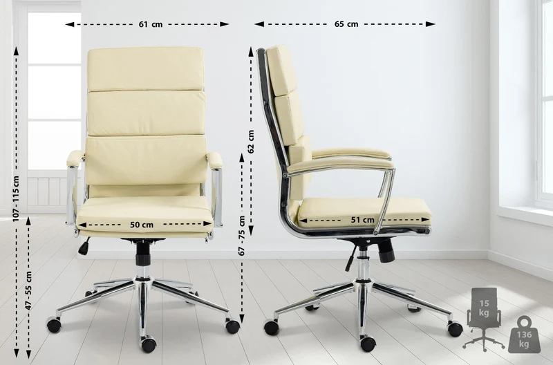Fauteuil de bureau sur roulettes dossier à triple rembourrage et forme ergonomique en similicuir crème et métal chromé 10_0007065