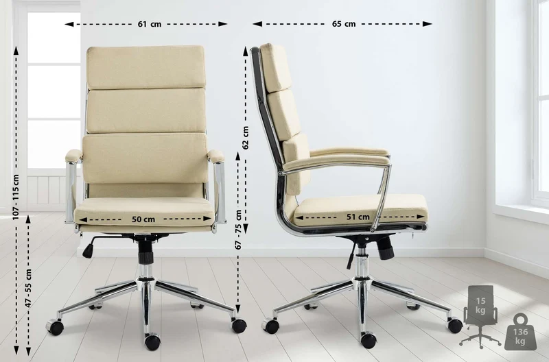 Fauteuil de bureau sur roulettes dossier à triple rembourrage et forme ergonomique en tissu crème et métal chromé 10_0007062