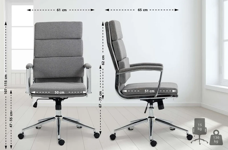 Fauteuil de bureau sur roulettes dossier à triple rembourrage et forme ergonomique en tissu gris et métal chromé 10_0007029