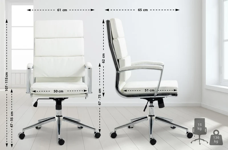Fauteuil de bureau sur roulettes dossier à triple rembourrage et forme ergonomique en similicuir blanc et métal chromé 10_0007020
