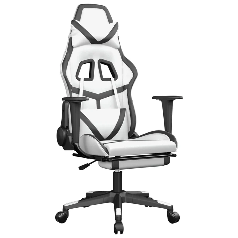Fauteuil de bureau chaise gaming fonction de massage avec coussin lombaire et repose-pieds PVC blanc et noir DEC025829