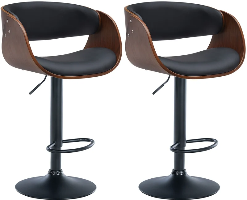 Lot de 2 tabourets de bar pivotant style rétro moderne assise en bois courbé couleur noyer et PVC noir cadre métal noir 10_0006233