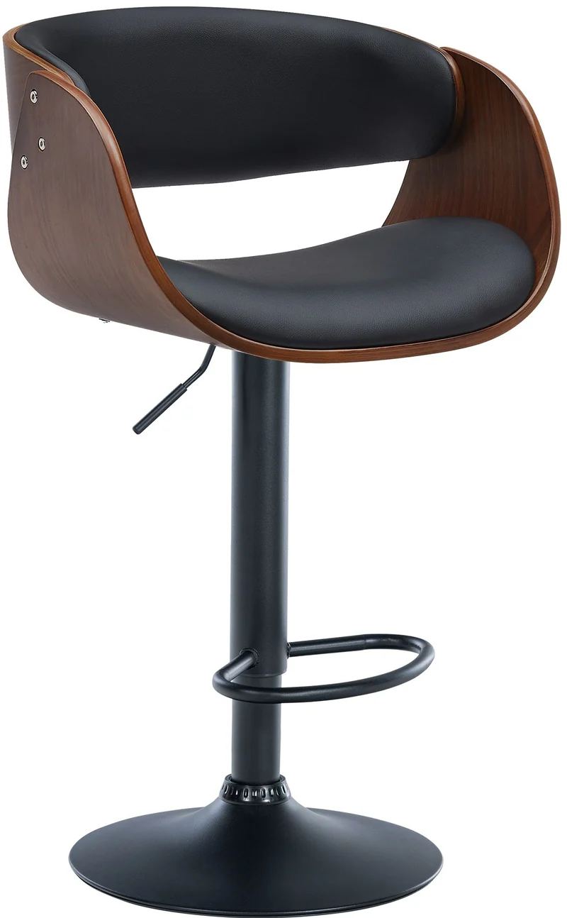 Tabouret de bar x1 pivotant style rétro moderne assise en bois courbé couleur noyer et PVC noir cadre métal noir 10_0005873