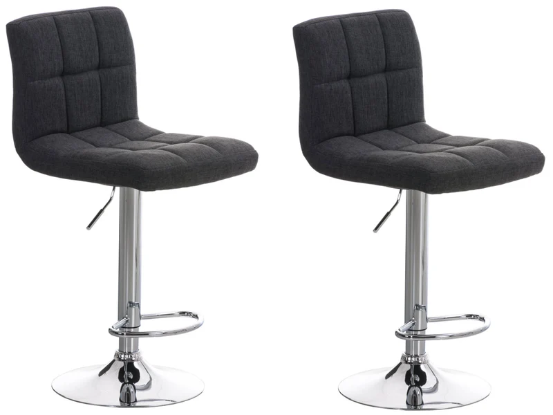 Lot de 2 tabourets de bar design rétro moderne surpiqûres carrées en tissu gris foncé et métal chromé 10_0006134