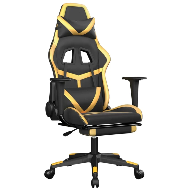 Fauteuil de bureau chaise gaming sur roulettes avec repose-pieds en PVC noir et doré DEC025774