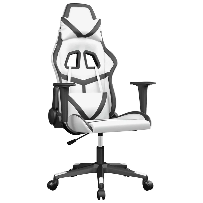 Fauteuil de bureau chaise gaming fonction de massage avec coussin lombaire en PVC blanc et noir DEC025863