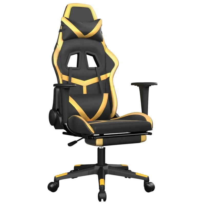 Fauteuil de bureau chaise gaming fonction de massage avec coussin lombaire avec repose-pieds en PVC noir et doré DEC025853