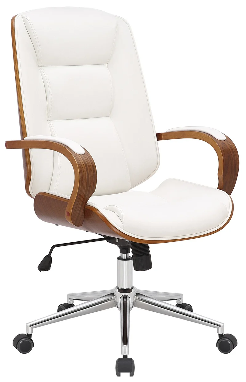 Fauteuil de bureau sur roulettes avec accoudoirs similicuir blanc structure en bois courbé et métal 10_0007027