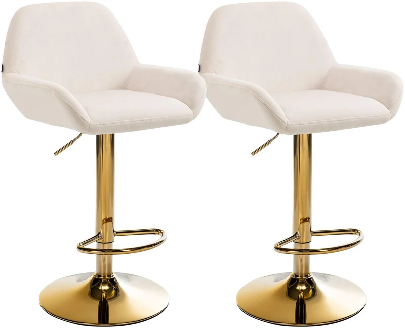Lot de 2 tabourets de bar repose-pieds intégré revêtement velours crème structure en métal doré TDB10737