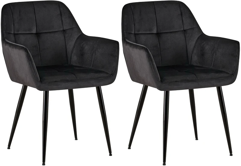 Lot de 2 chaises de salle à manger design retro coutures décoratives en carrées assise en velours noir 10_0001538