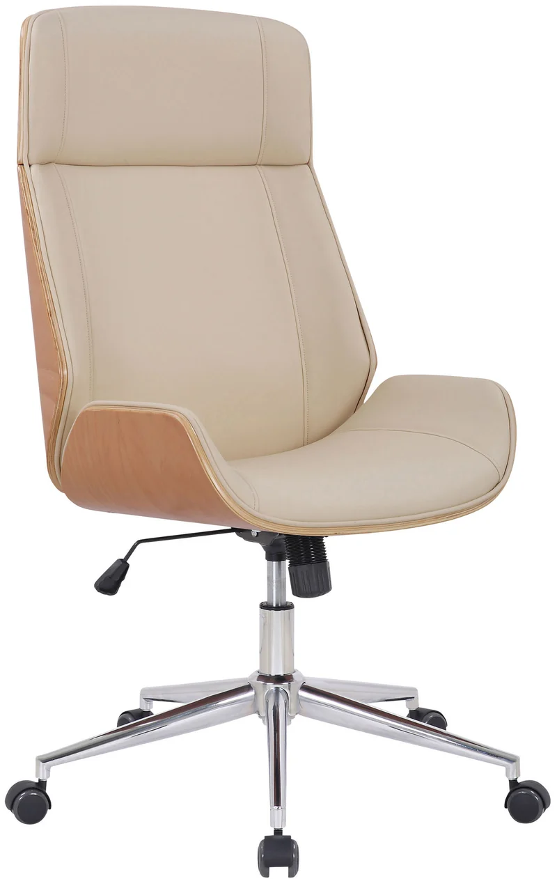 Fauteuil de bureau dossier haut avec roulettes synthétique crème et bois clair hauteur réglable BUR10458