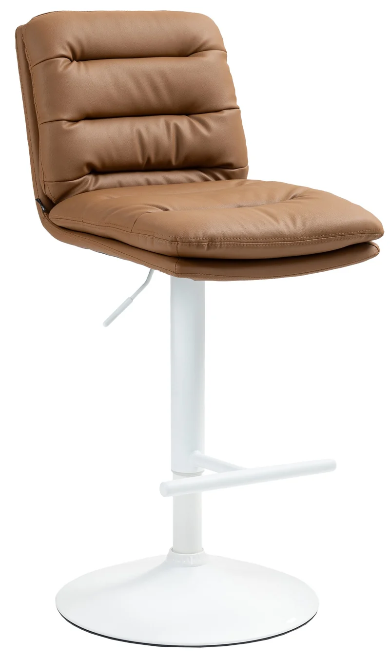 Tabouret de bar x1 repose-pieds et dossier assise rembourré en PVC marron clair et métal blanc 10_0006883
