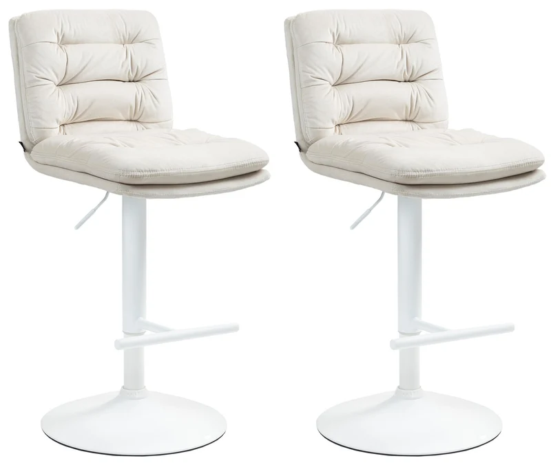 Lot de 2 tabourets de bar avec repose-pieds et dossier assise rembourré en velours crème et métal blanc 10_0006749