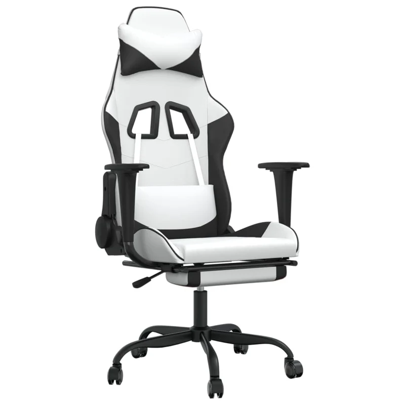 Fauteuil de bureau chaise gaming avec coussin lombaire fonction de massage avec repose-pieds en PVC blanc et noir DEC025830