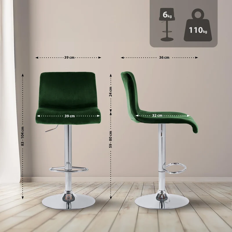 Tabouret de bar x1 repose-pieds hauteur réglable dossier bas en velours vert cadre métal chromé 10_0005950
