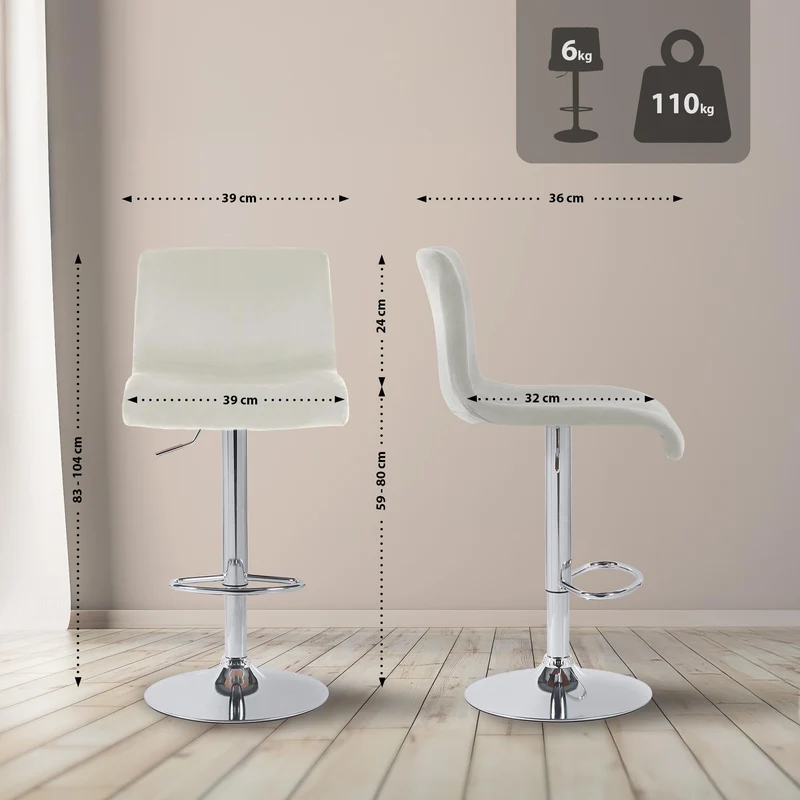 Tabouret de bar x1 repose-pieds hauteur réglable dossier bas en velours crème cadre métal chromé 10_0005829