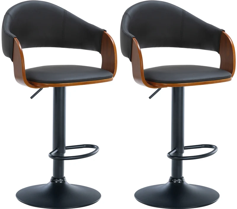 Lot de 2 tabourets de bar design rétro chic assise en PVC noir et bois noyer piètement en métal noir 10_0005877