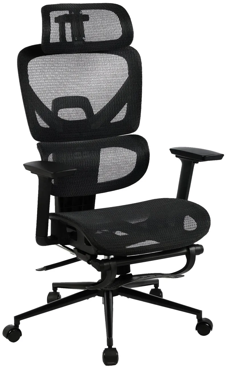 Chaise de bureau ergonomique sur roulettes avec appui-tête réglable repose-pieds en tissu noir 10_0006906