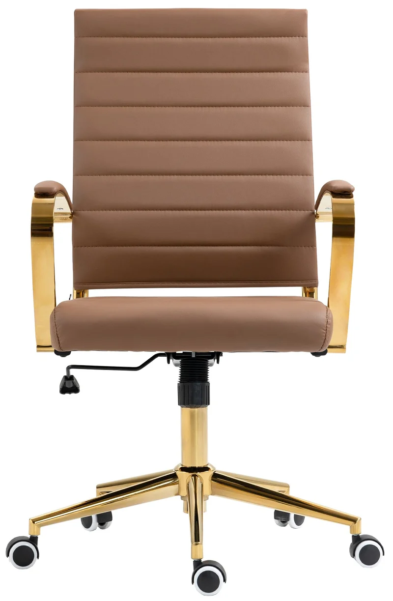 Fauteuil de bureau sur roulettes avec dossier à coutures horizontales PVC marron clair et cadre métal doré 10_0006923