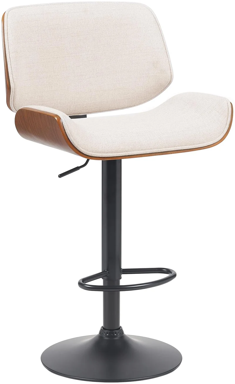 Tabouret de bar x1 style moderne rétro en tissu crème assise en bois courbé couleur noyer cadre métal noir 10_0005860