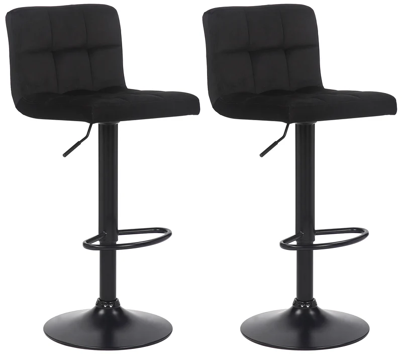 Lot de 2 tabourets de bar en velours noir coutures décoratives piètement métal noir 10_0005563