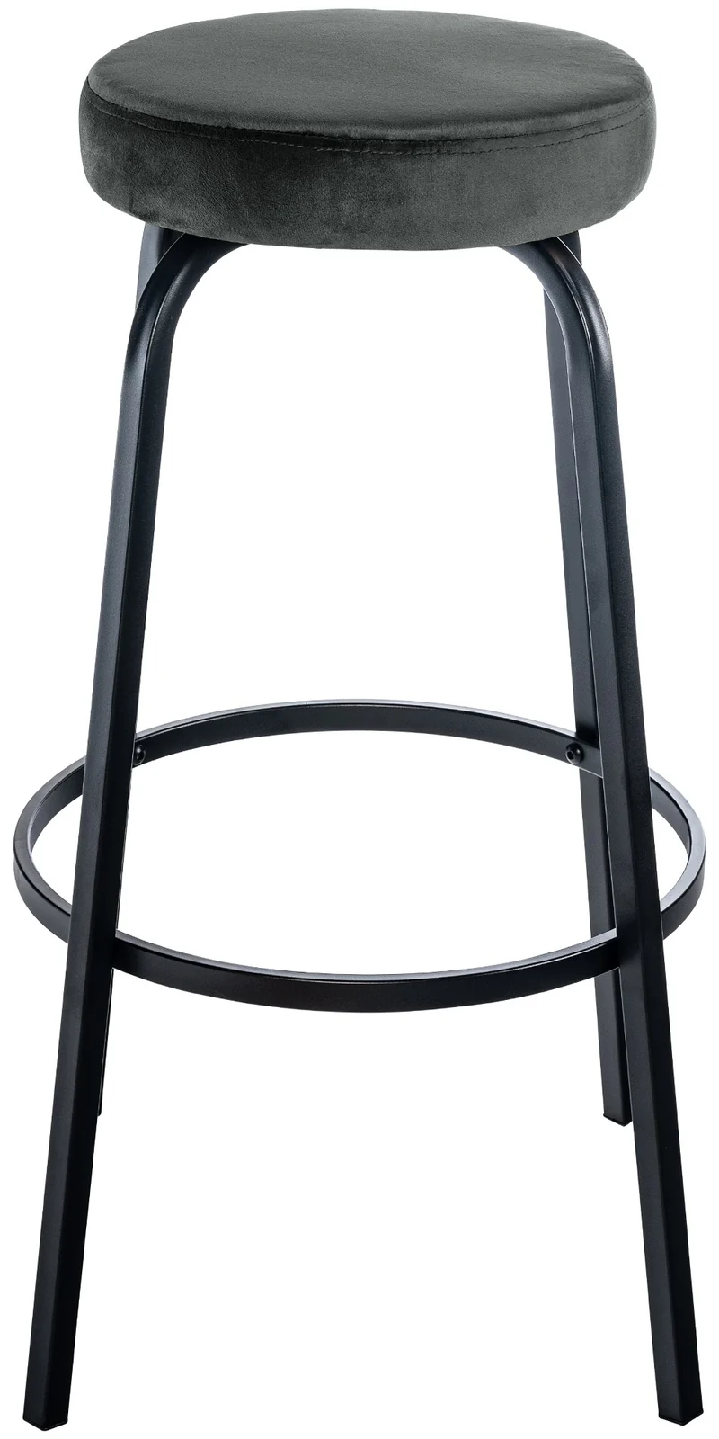 Tabouret de bar avec repose-pieds en velours gris foncé piètement métallique noir mat à quatre pieds 10_0005804