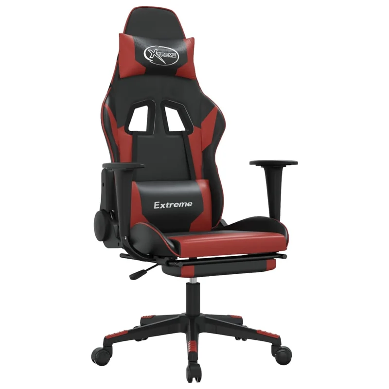 Fauteuil de bureau chaise gaming sur roulettes avec repose-pieds en PVC rouge et noir DEC025807