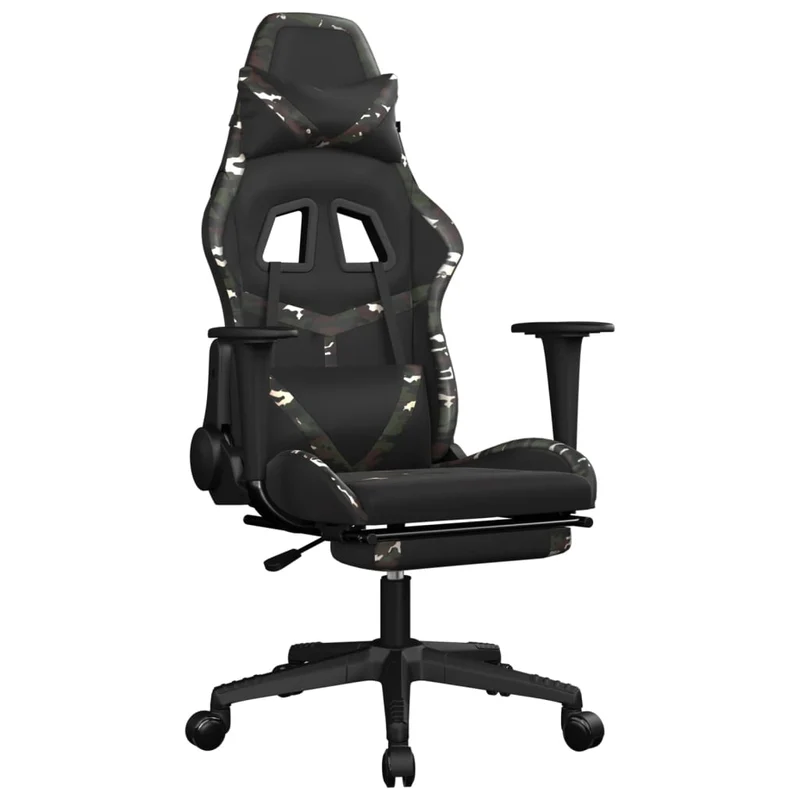 Fauteuil de bureau chaise gaming sur roulettes avec repose-pied noir et camouflage PVC vert DEC025762