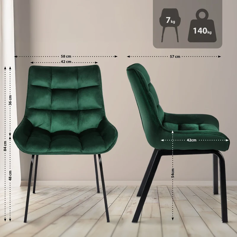 Chaise de salle à manger x1 en velours vert généreusement rembourrée piètement en métal noir 10_0007598