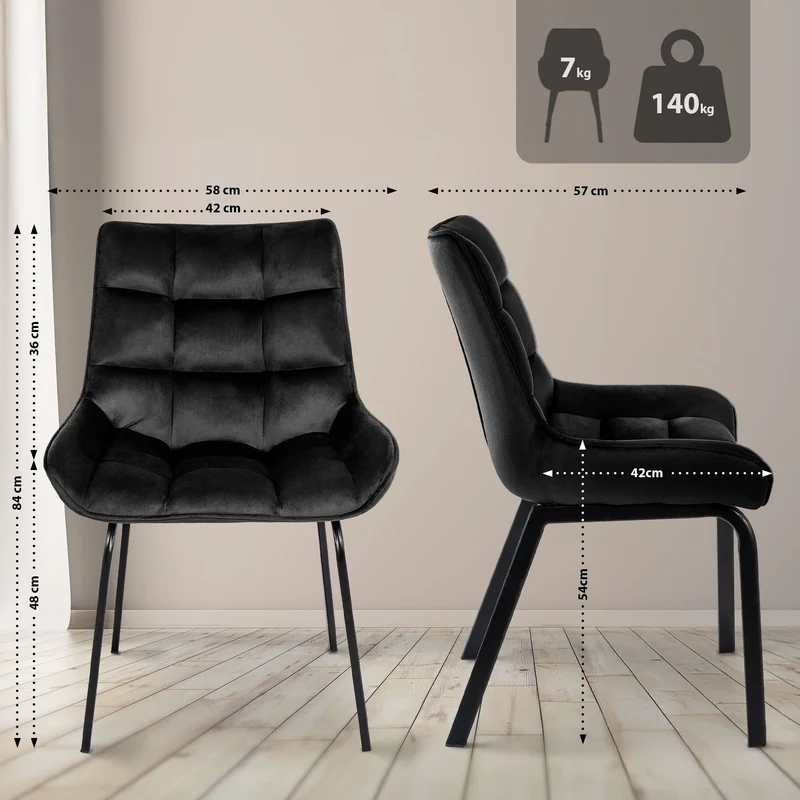 Chaise de salle à manger x1 en velours noir généreusement rembourrée piètement en métal noir 10_0007287