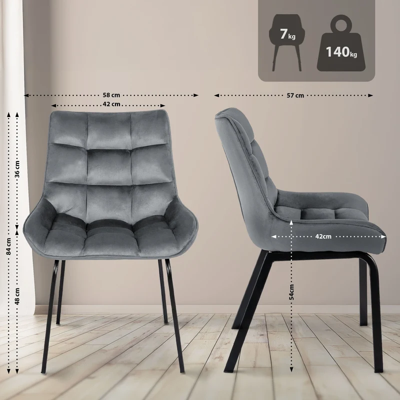 Chaise de salle à manger x1 en velours gris foncé généreusement rembourrée piètement en métal noir 10_0007286